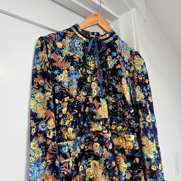 Dalia Macphee Burnout Floral Velvet Metallix Ruffle Runway Dress in Navy - Picture 6 of 16